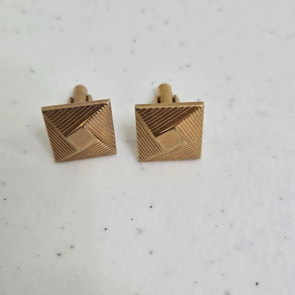 Hickok Cufflinks Gold Tone Geometric Square Stripe Vintage MCM Art Deco Look